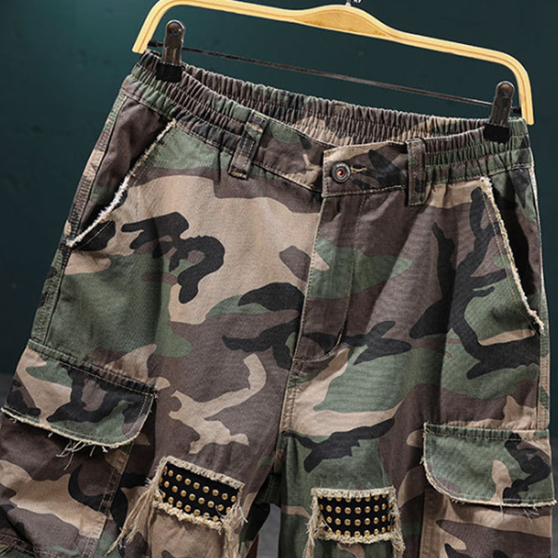 Men's Studded Camo Cargo Shorts Ripped Design, Gold Stud Accents & - Green | SAVINTARI