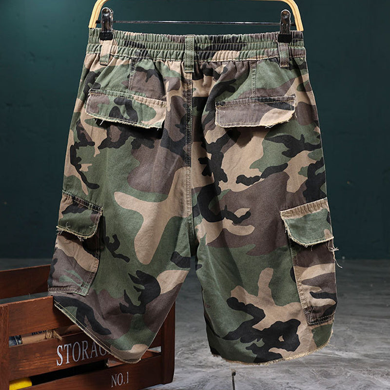 Men's Studded Camo Cargo Shorts Ripped Design, Gold Stud Accents & - Green | SAVINTARI