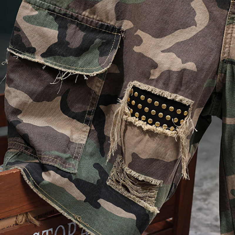 Men's Studded Camo Cargo Shorts Ripped Design, Gold Stud Accents & - Green | SAVINTARI