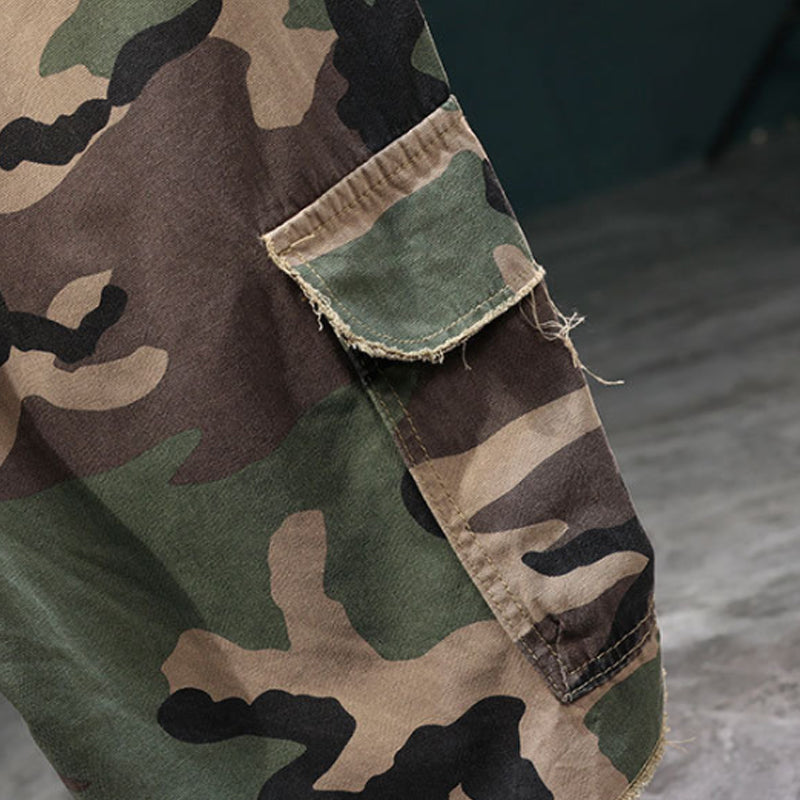 Men's Studded Camo Cargo Shorts Ripped Design, Gold Stud Accents & - Green | SAVINTARI