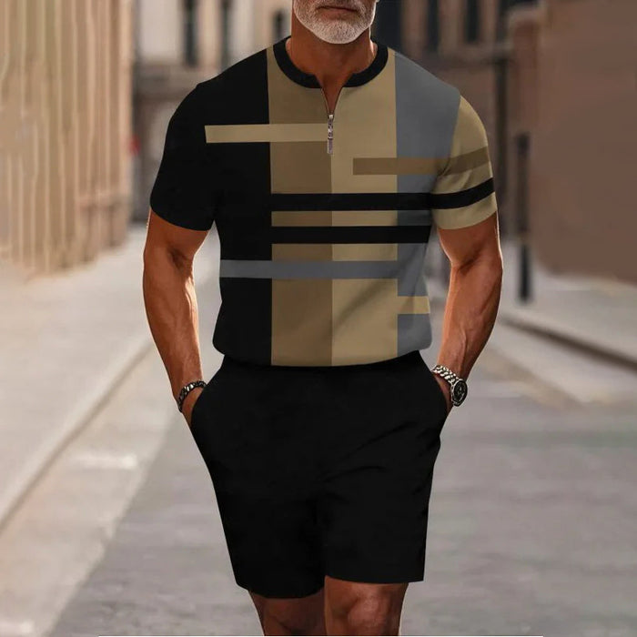 Men's Quarter-Zip Shirt & Shorts Set - Khaki | Casual Two-Piece Set | SAVINTARI