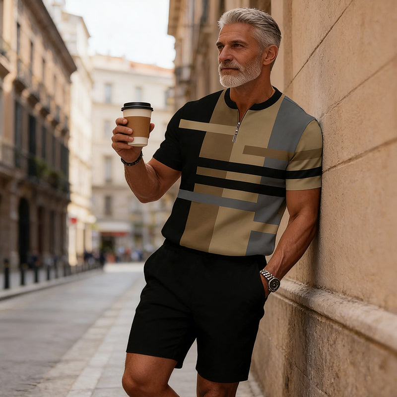 Men's Quarter-Zip Shirt & Shorts Set - Khaki | SAVINTARI