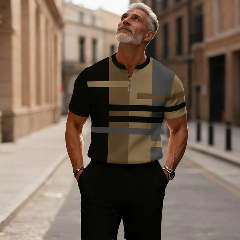 Men's Quarter-Zip Shirt & Shorts Set - Khaki | SAVINTARI