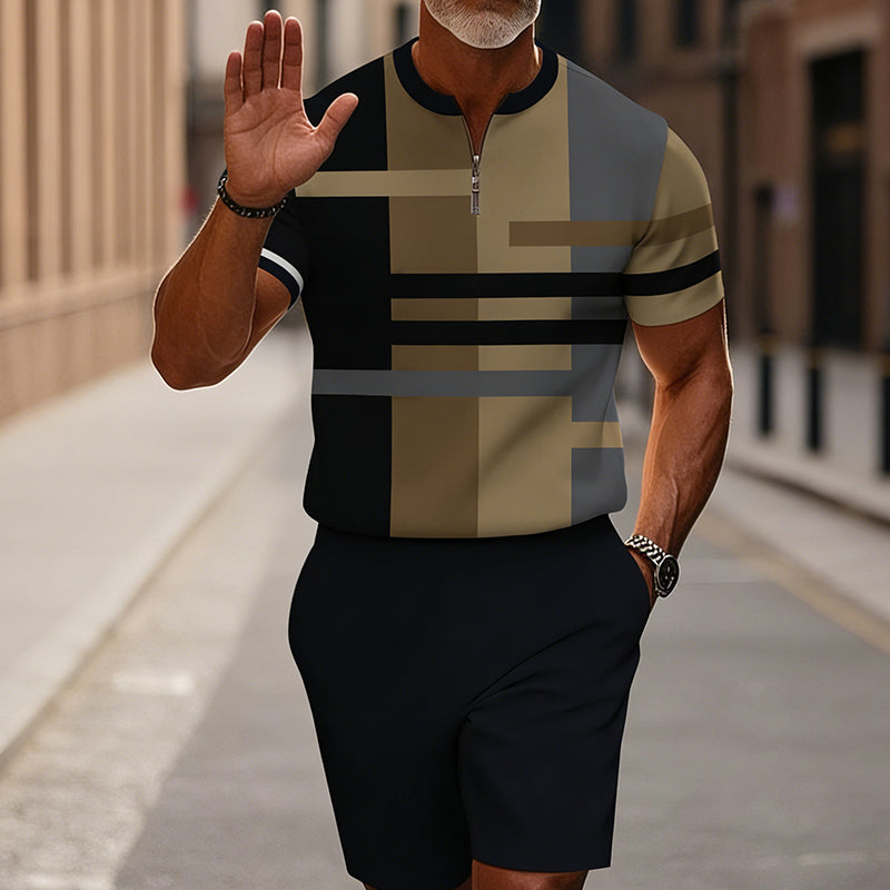 Men's Quarter-Zip Shirt & Shorts Set - Khaki | SAVINTARI