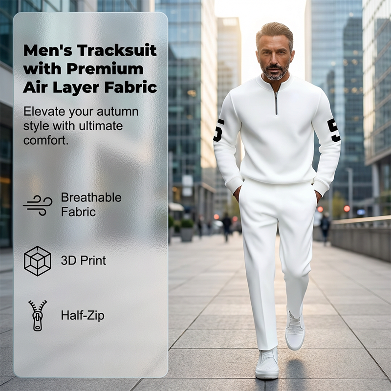Men's Half-Zip Top & Pants 2-Piece Set - White | SAVINTARI