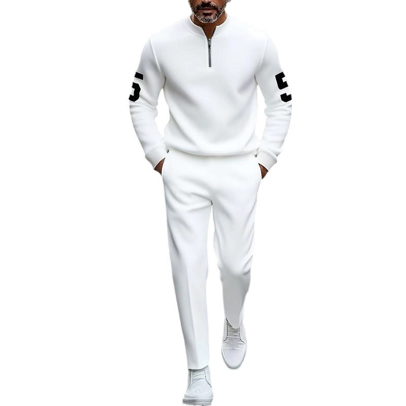 Men's Half-Zip Top & Pants 2-Piece Set - White | SAVINTARI