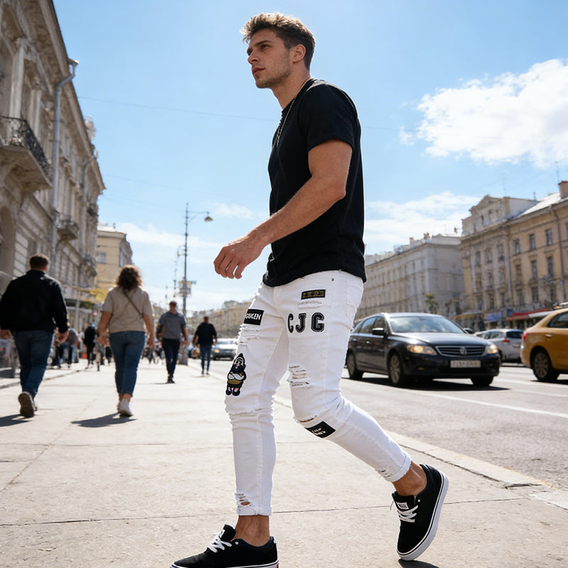 Men's Ripped Skinny Jeans - Light Blue | SAVINTARI
