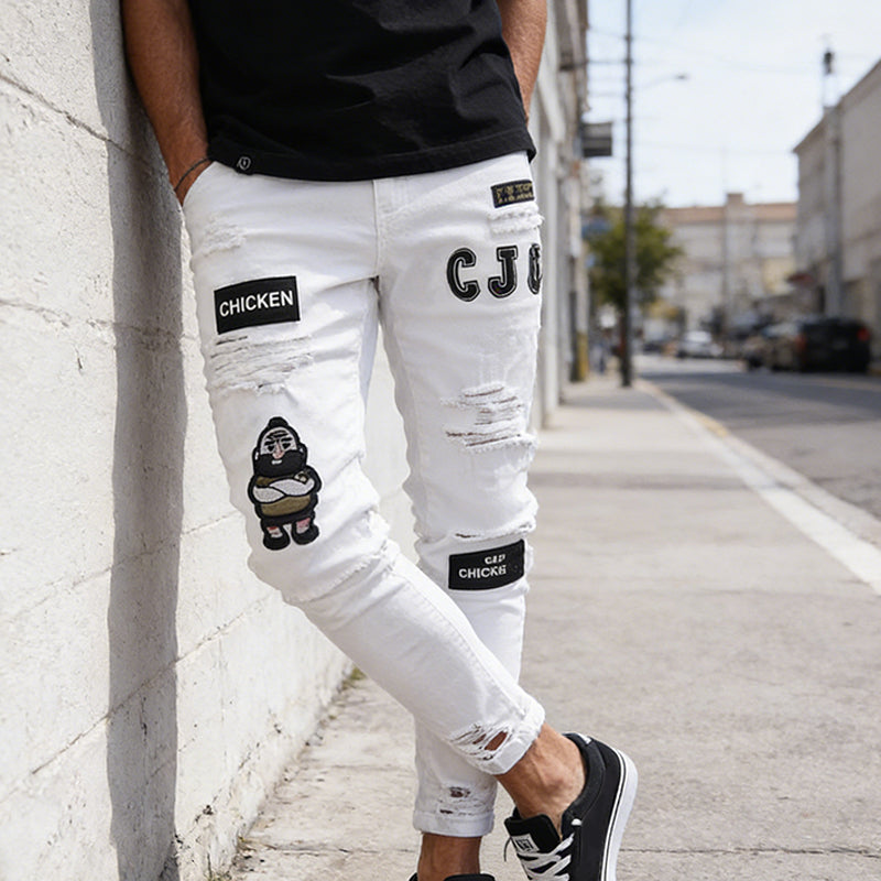 Men's Ripped Skinny Jeans - Light Blue | SAVINTARI