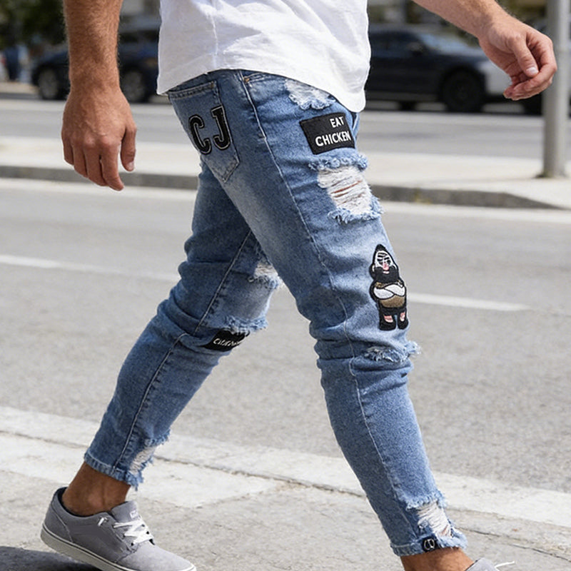 Men's Ripped Skinny Jeans - Light Blue | SAVINTARI