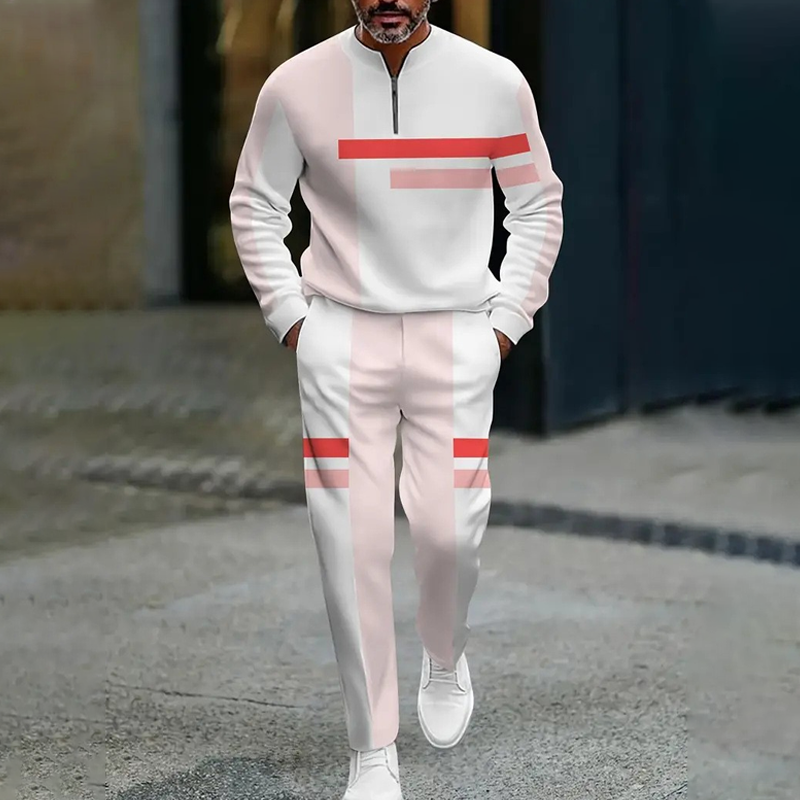 Men's Half-Zip Color Block Tracksuit Set - White & Wine Red | SAVINTARI