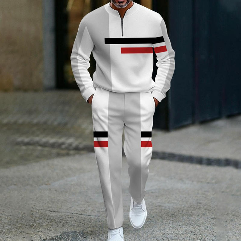 Men's Half-Zip Color Block Tracksuit Set - White & Wine Red | SAVINTARI