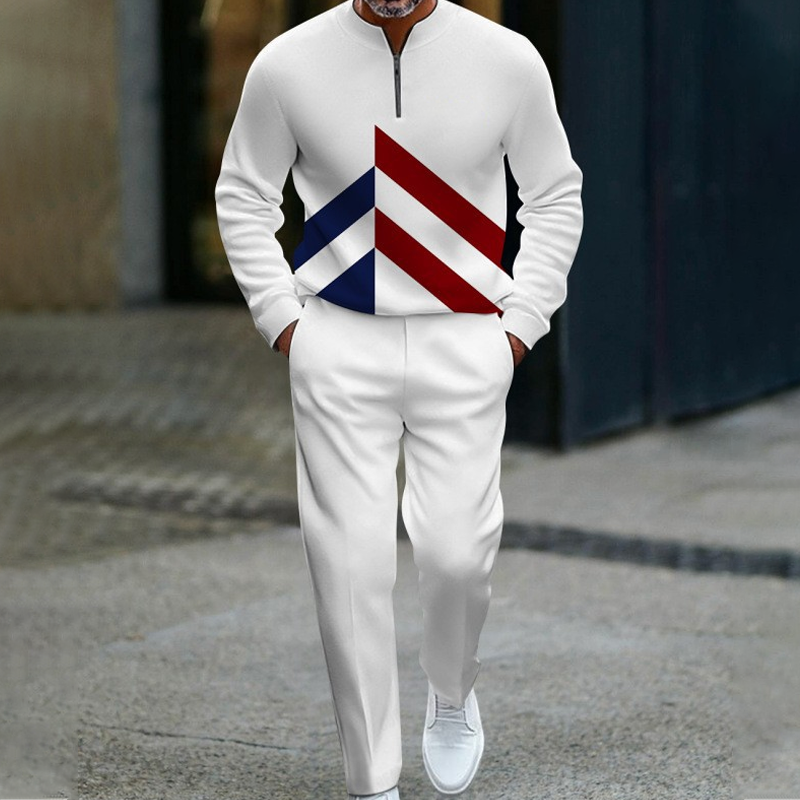 Men's Half-Zip Color Block Tracksuit Set - White & Wine Red | SAVINTARI