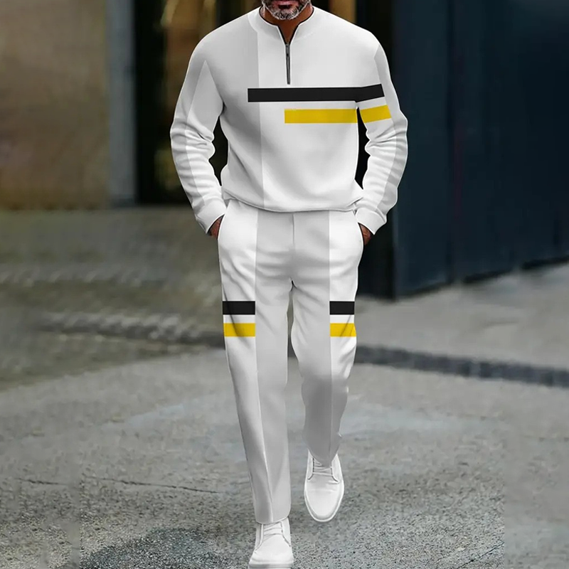 Men's Half-Zip Color Block Tracksuit Set - White & Wine Red | SAVINTARI