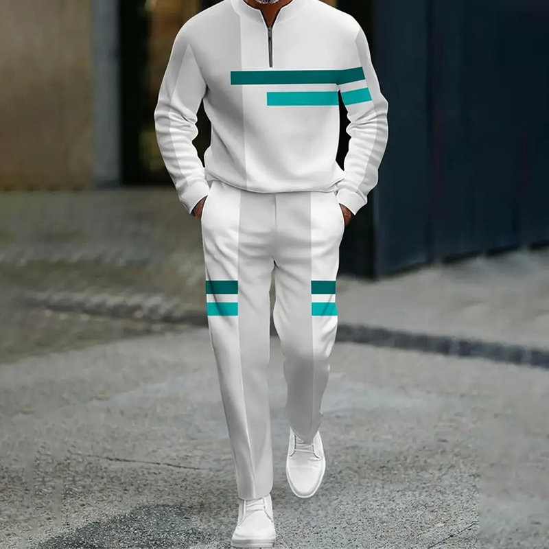 Men's Half-Zip Color Block Tracksuit Set - White & Wine Red | SAVINTARI