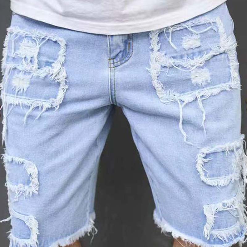 Men's Ripped Denim Shorts with Frayed Details - Blue | SAVINTARI