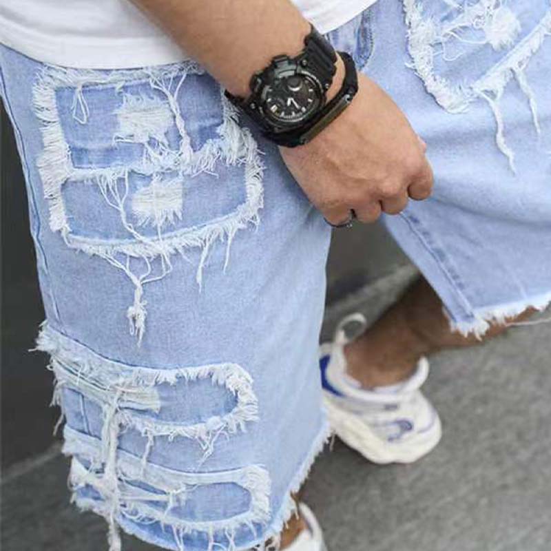 Men's Ripped Denim Shorts with Frayed Details - Blue | SAVINTARI