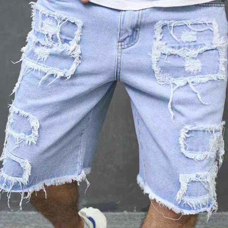 Men's Ripped Denim Shorts with Frayed Details - Blue | SAVINTARI