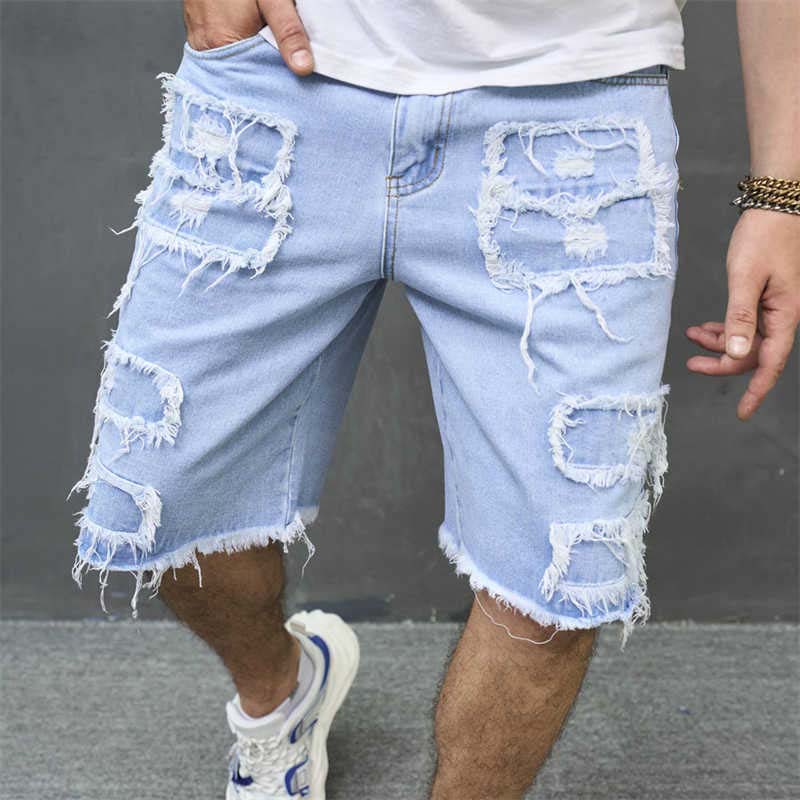 Men's Ripped Denim Shorts with Frayed Details - Blue | SAVINTARI