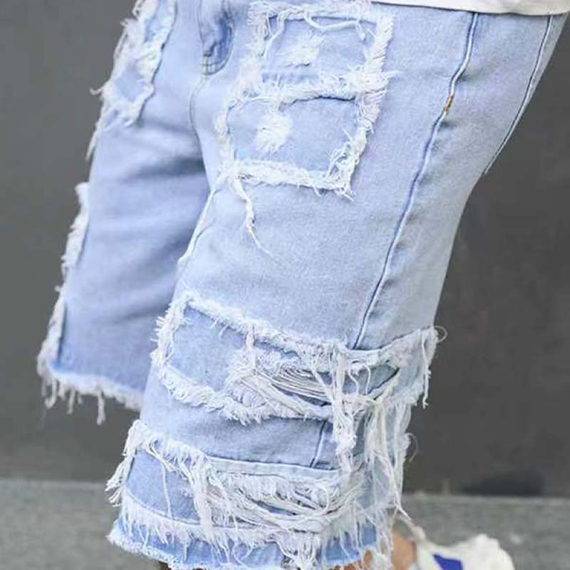 Men's Ripped Denim Shorts with Frayed Details - Blue | SAVINTARI