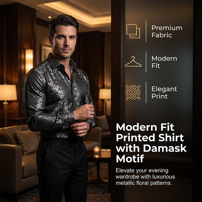 Men's Modern Fit Printed Shirt - Black | Seasonal Shirt | SAVINTARI