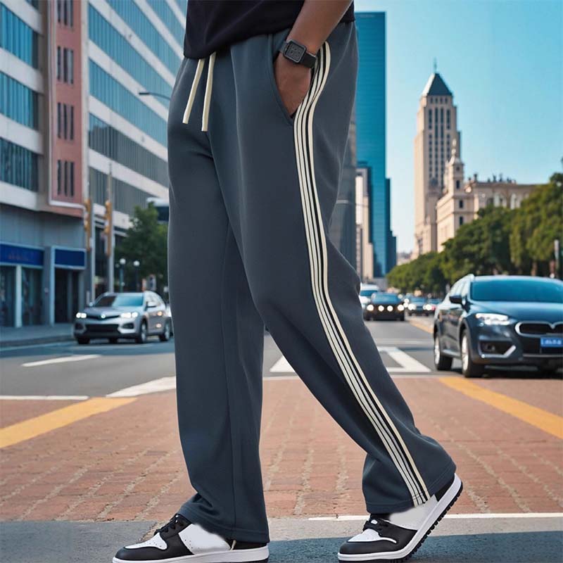 Men's Casual Striped Straight-Leg Pants - Black | SAVINTARI