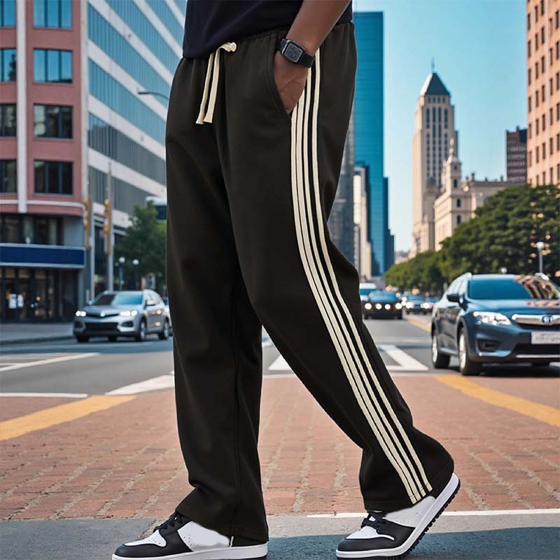 Men's Casual Striped Straight-Leg Pants - Black | SAVINTARI