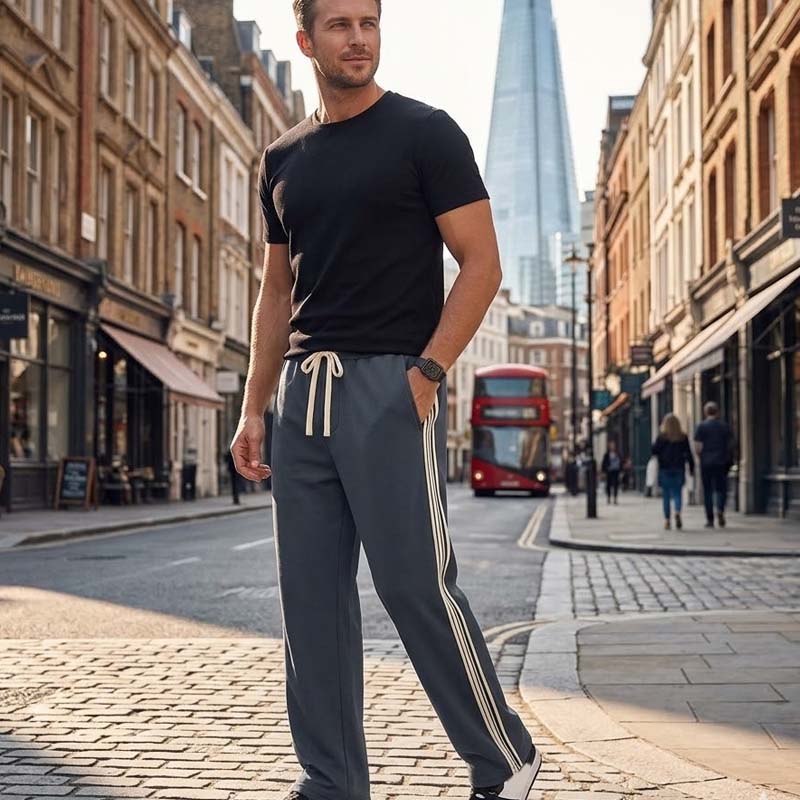 Men's Casual Striped Straight-Leg Pants - Black | SAVINTARI