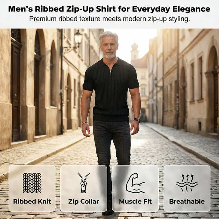 Men's Mens Short Sleeve Ribbed Knit Zip Up Shirt - Black | Seasonal Shirt | SAVINTARI