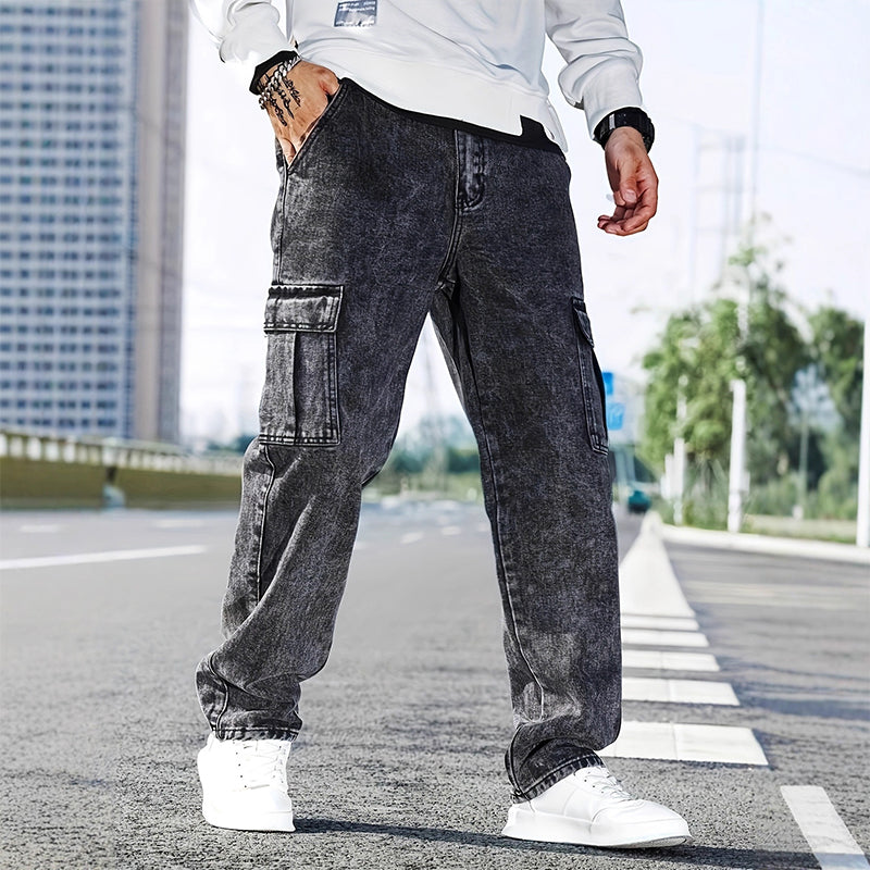 Men's Casual Baggy Cargo Workwear Jeans - Dark Grey | SAVINTARI