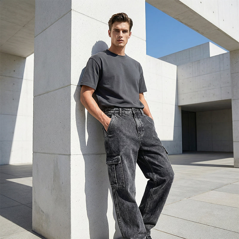 Men's Casual Baggy Cargo Workwear Jeans - Dark Grey | SAVINTARI