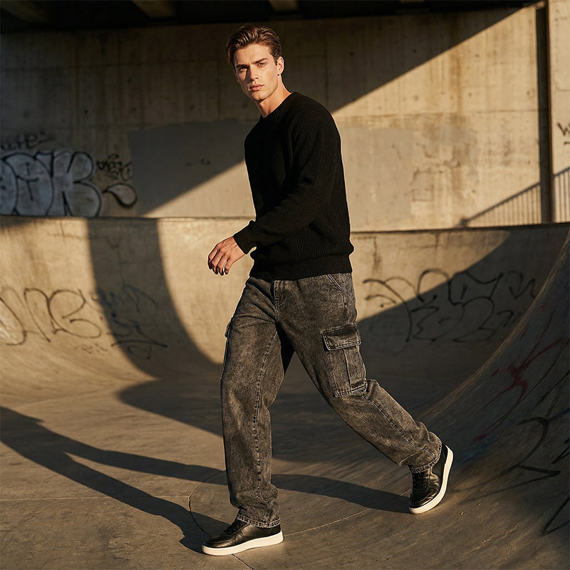 Men's Casual Baggy Cargo Workwear Jeans - Dark Grey | SAVINTARI