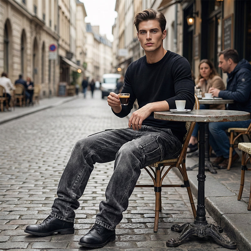 Men's Casual Baggy Cargo Workwear Jeans - Dark Grey | SAVINTARI