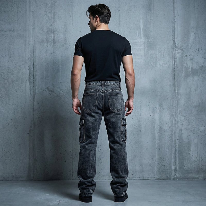 Men's Casual Baggy Cargo Workwear Jeans - Dark Grey | SAVINTARI