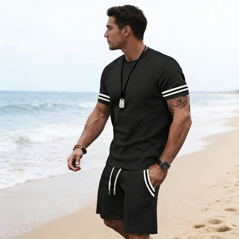 Men's Striped T-Shirt & Shorts 2-Piece Set - Black | SAVINTARI