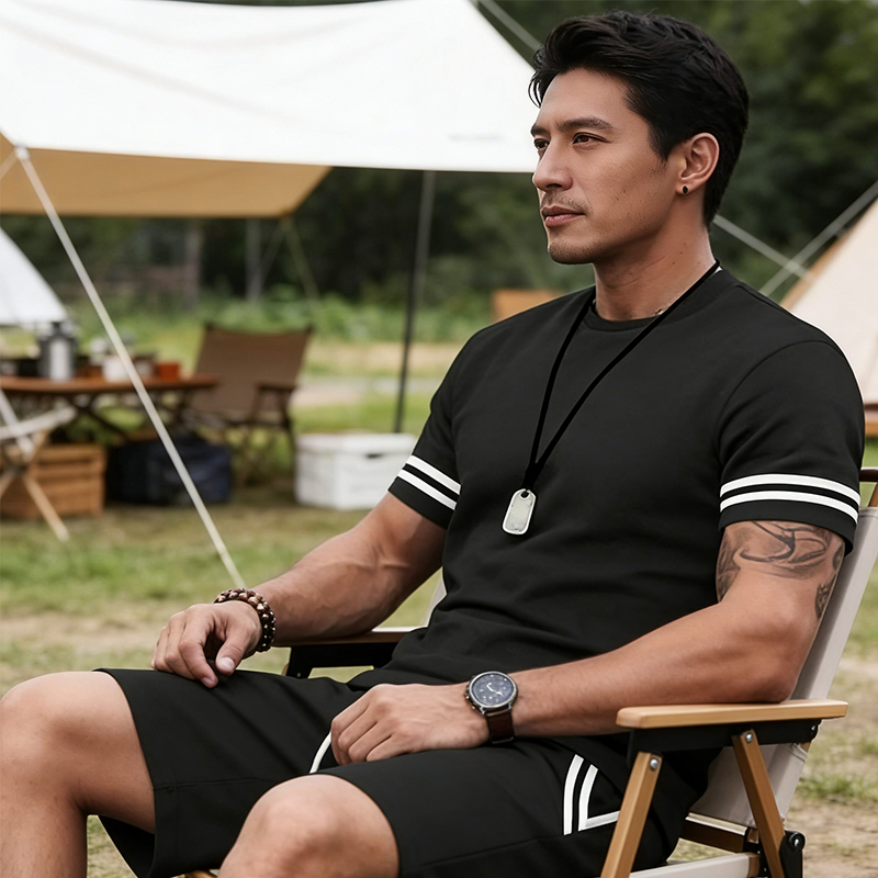 Men's Striped T-Shirt & Shorts 2-Piece Set - Black | SAVINTARI