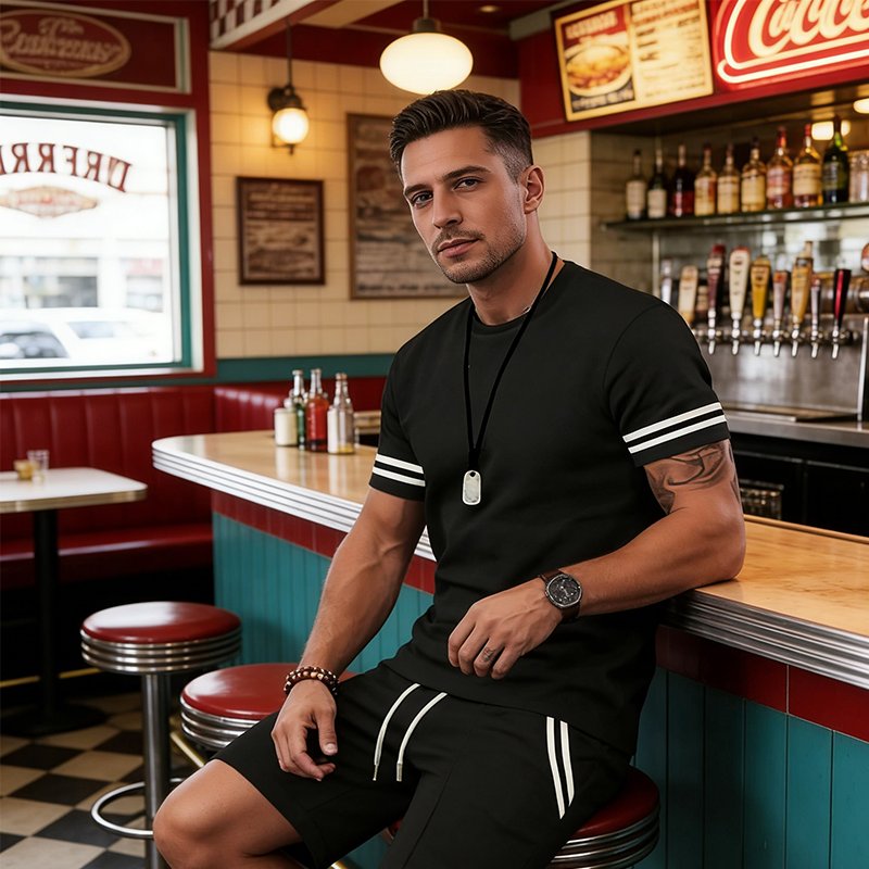 Men's Striped T-Shirt & Shorts 2-Piece Set - Black | SAVINTARI