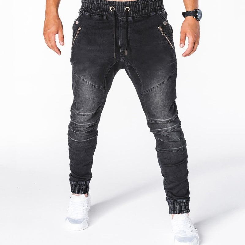 Men's Slim-Fit Denim Joggers with Zipper Pockets - Black | SAVINTARI