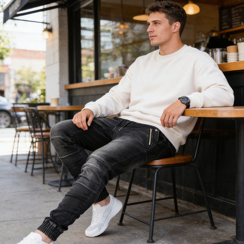 Men's Slim-Fit Denim Joggers with Zipper Pockets - Black | SAVINTARI