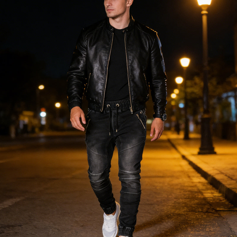 Men's Slim-Fit Denim Joggers with Zipper Pockets - Black | SAVINTARI