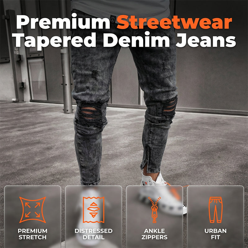 Men's Modern Slim Fit Ripped Denim Pants - Black | SAVINTARI