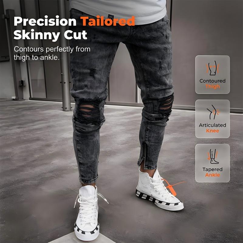 Men's Modern Slim Fit Ripped Denim Pants - Black | SAVINTARI