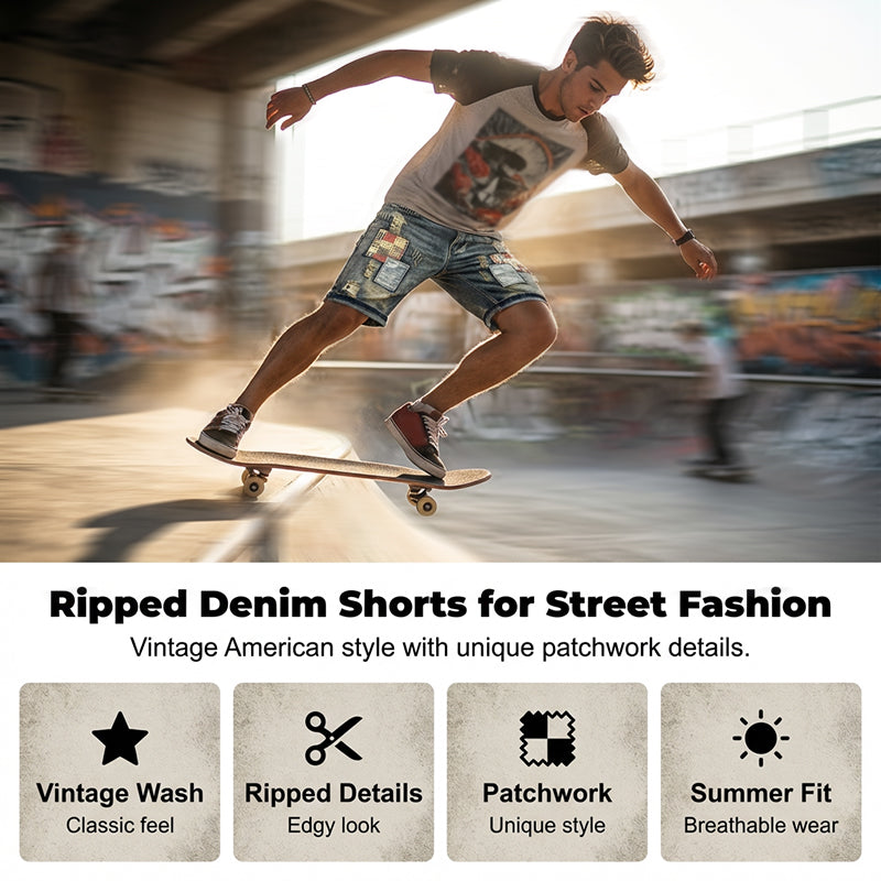 Men's Ripped Denim Shorts Distressed, Patched, Retro Wash - 773-Gray | SAVINTARI