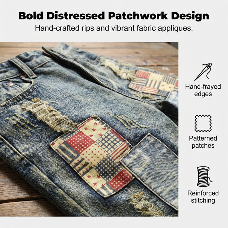 Men's Ripped Denim Shorts Distressed, Patched, Retro Wash - 773-Gray | SAVINTARI