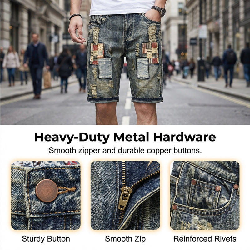 Men's Ripped Denim Shorts Distressed, Patched, Retro Wash - 773-Gray | SAVINTARI