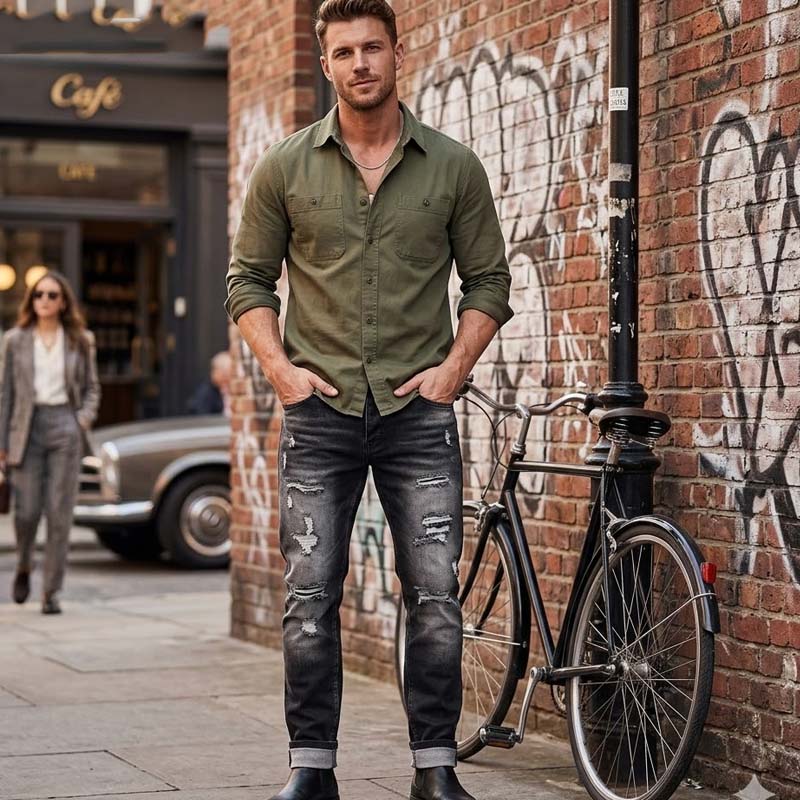 Men's Slim Straight Ripped Jeans - Light Blue | SAVINTARI