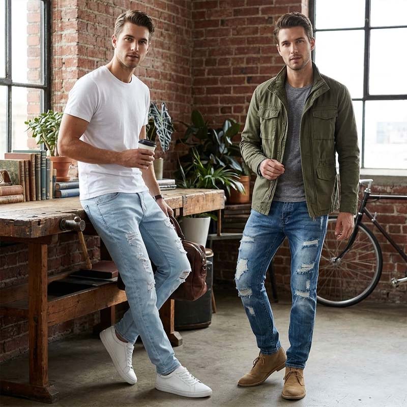 Men's Slim Straight Ripped Jeans - Light Blue | SAVINTARI