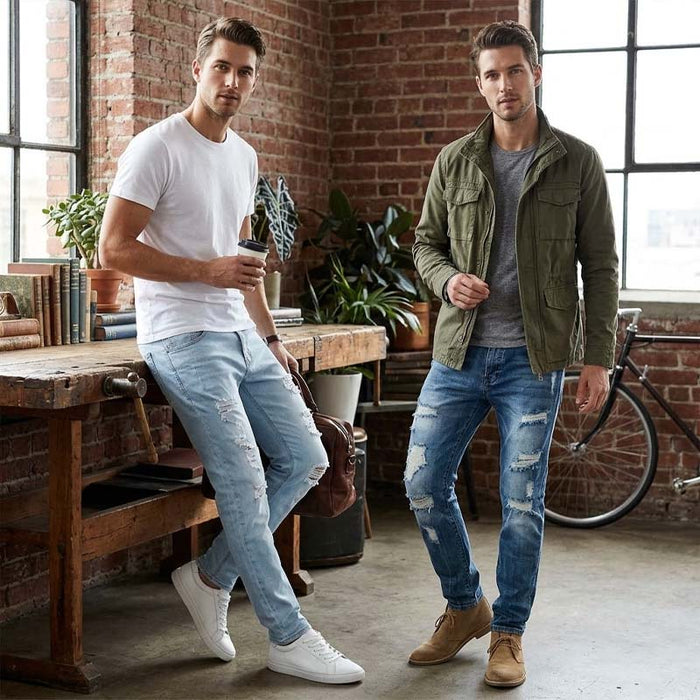 Men's Slim Straight Ripped Jeans - Light Blue | Everyday Denim | SAVINTARI