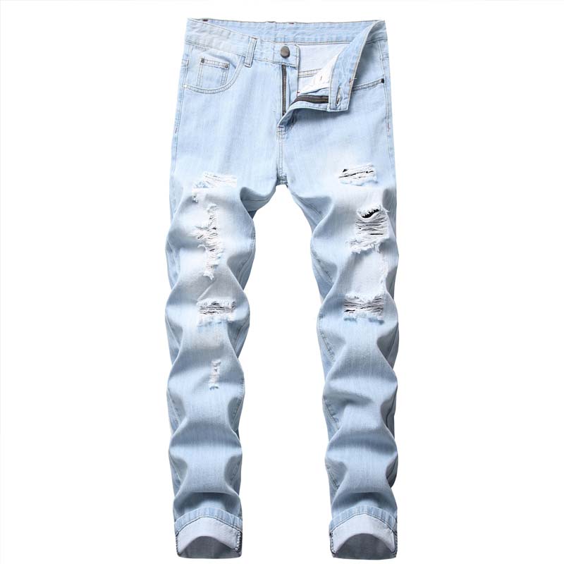 Men's Slim Straight Ripped Jeans - Light Blue | SAVINTARI