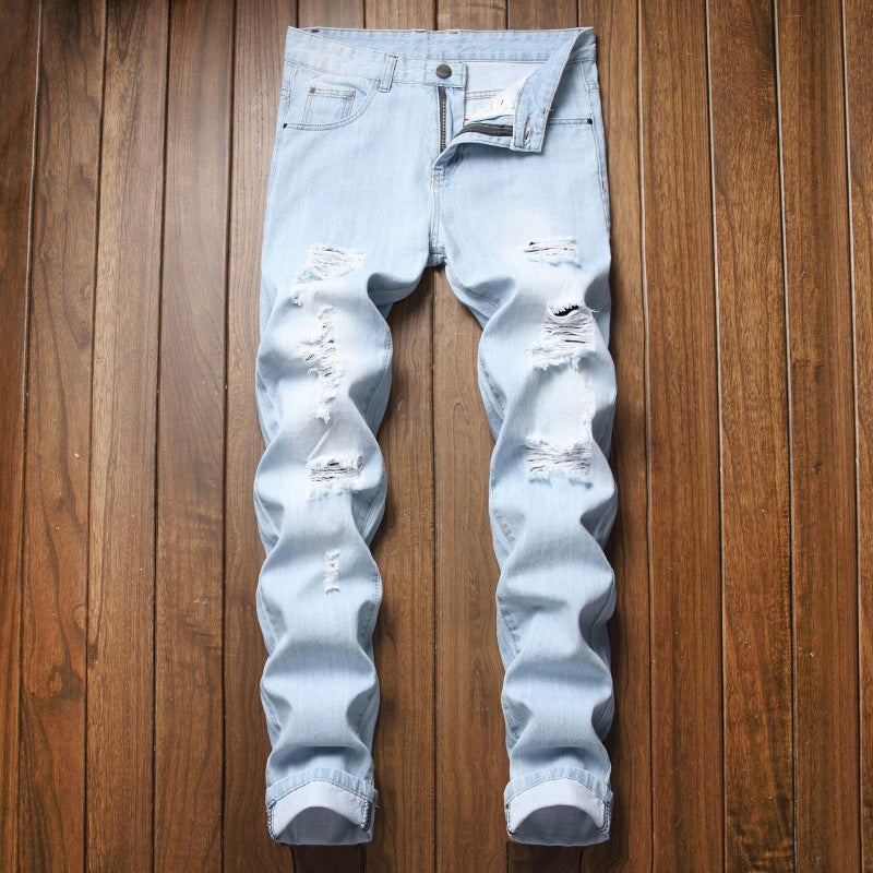Men's Slim Straight Ripped Jeans - Light Blue | SAVINTARI