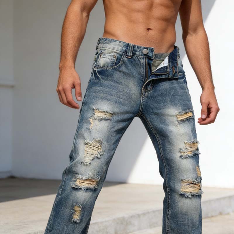 Men's Slim Straight Ripped Jeans - Light Blue | SAVINTARI